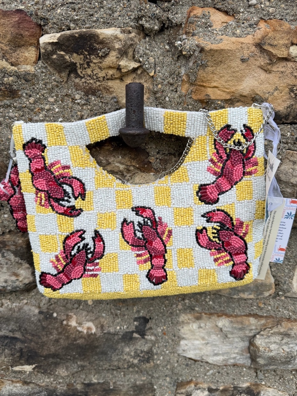 NWT Beaded Lobster Handbag in yellow and white plaid purse crossbody